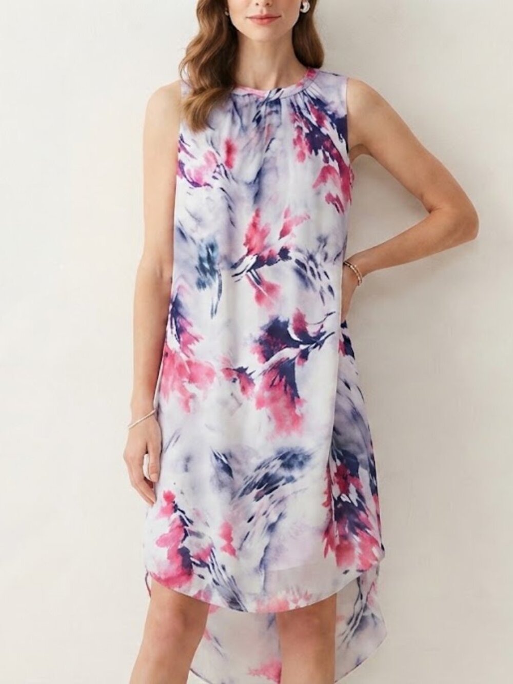 Vera Wang Blush and Indigo Watercolor Floral High-Low Mini Dress